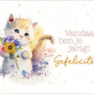 Felicitatiekaart met poesje met bloemen