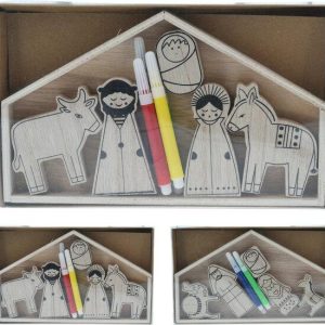 Kerststal met stiften om in te kleuren