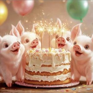 Kinderverjaardagskaart met biggetjes en taart
