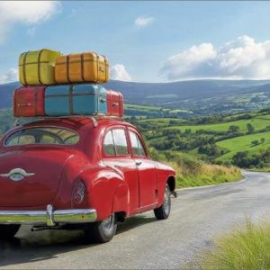 Blanco kaart met een oldtimer met koffers