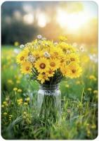 Ansichtkaart - Vaasje gele bloemen in gras