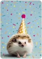 Ansichtkaart - Egeltje met feestmuts en confetti