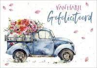 Dubbele kaart - Van harte gefeliciteerd - auto met bloemen