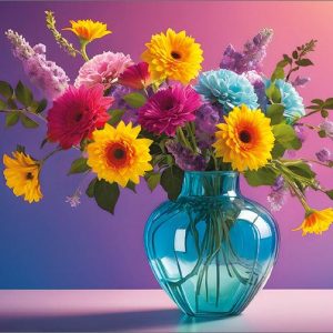 Dubbele kaart - Felgekleurde bloemen op blauwe vaas